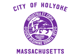 Holyoke, MA town seal featuring a cityscape and the year 1850