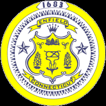 Enfield, CT town seal featuring a landscape scene and the year 1683