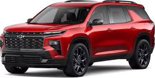 A stylish 2024 Chevrolet Traverse RS in Radiant Red, highlighting its sporty design, spacious interior, and advanced technology features